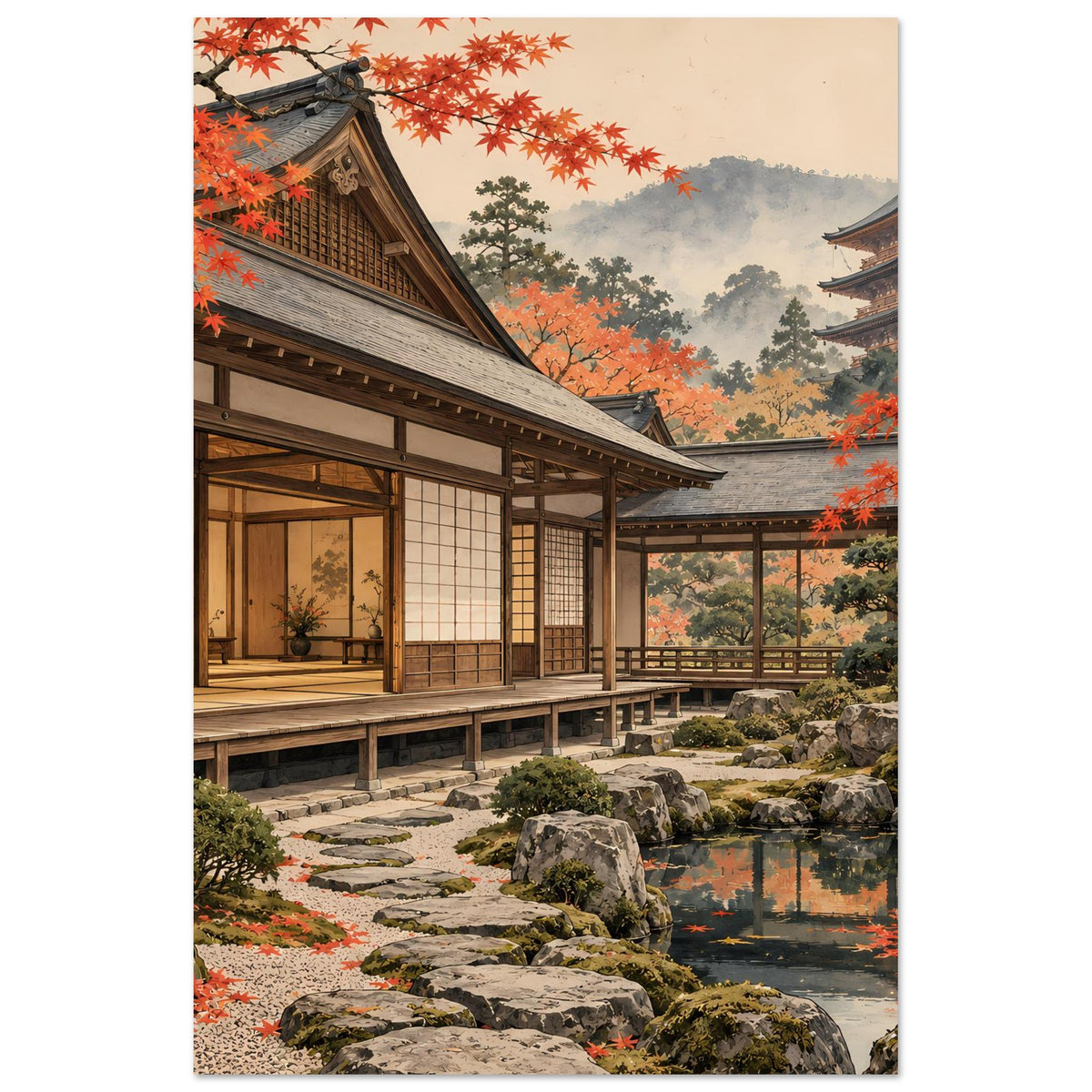 Herbstgarten-Poster im Hochformat: Holzhaus, Herbstblätter, Teich mit Steinen und Pagode.
