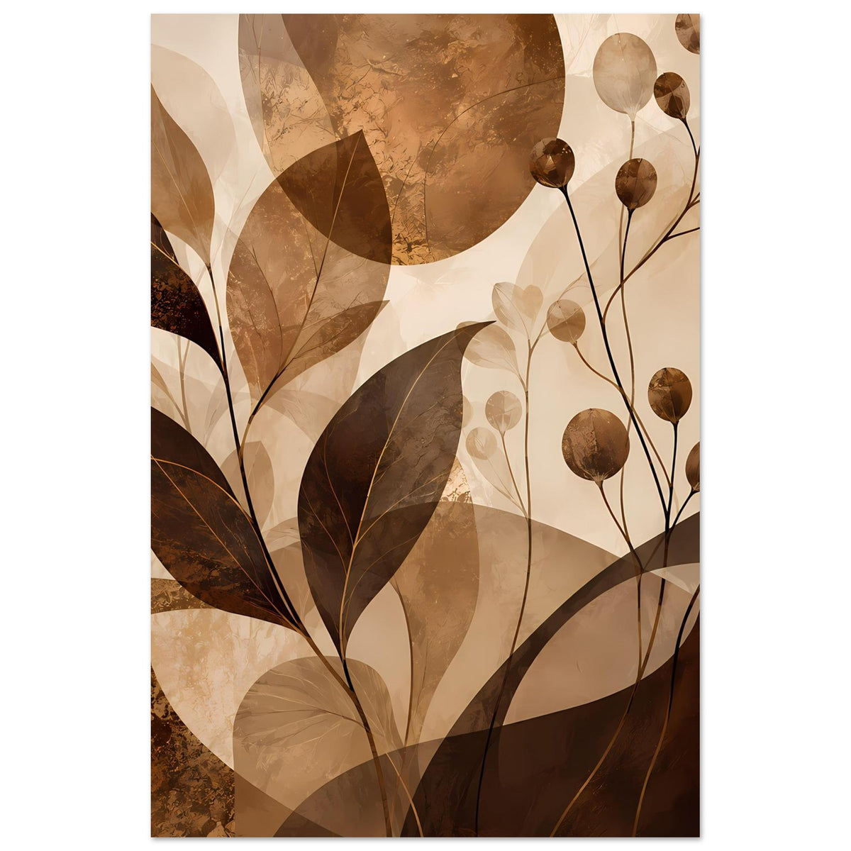 Blumenposter in vertikaler Ansicht mit abstrakten Blättern und Blütenstielen, Braun/Beige