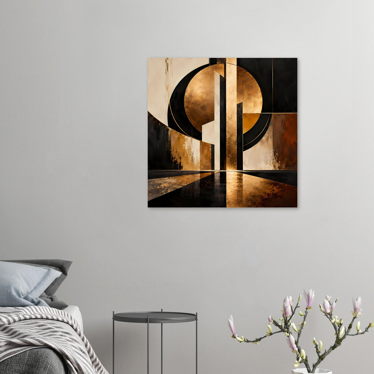 Kleines abstraktes Poster mit goldenen Kreisen, schwarzen Rahmenlinien und Flächen