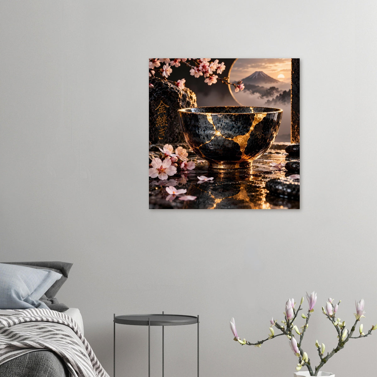 Wandposter mit schwarzer Schale, goldenen Kintsugi-Rissen und Kirschblüten bei Sonnenuntergang