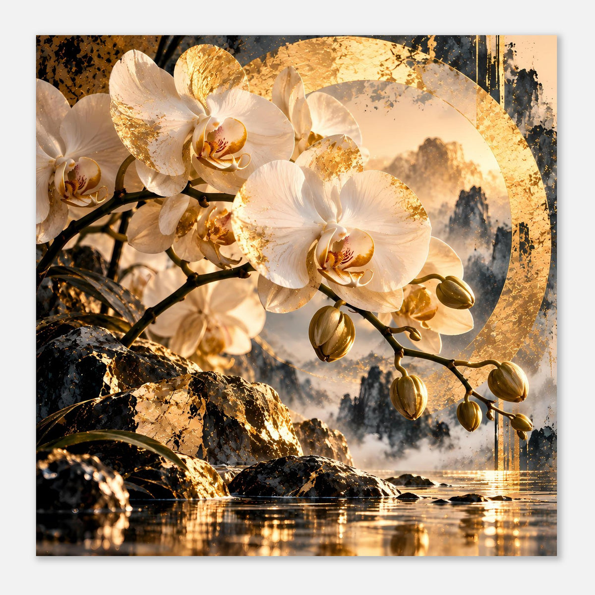 Orchideenblumen-Poster im Hochformat, goldene Tropfenoptik, schwarze Äste und Wasserreflexe