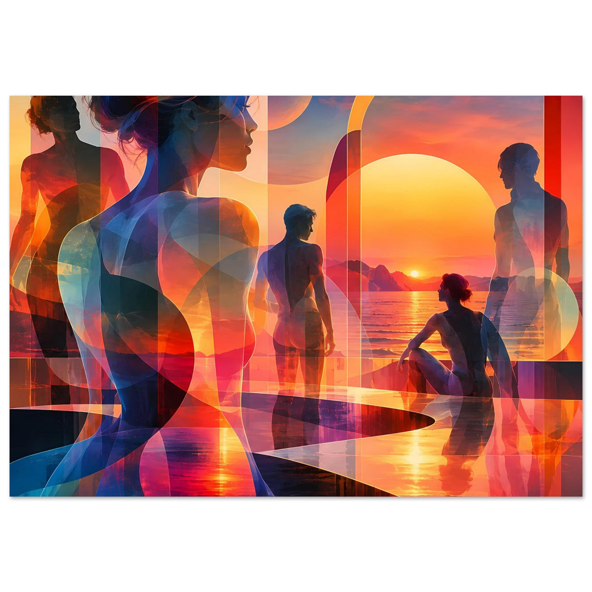 Breitformatiges Kunstposter mit blau-oranger Collage und mehreren menschlichen Silhouetten am Wasser