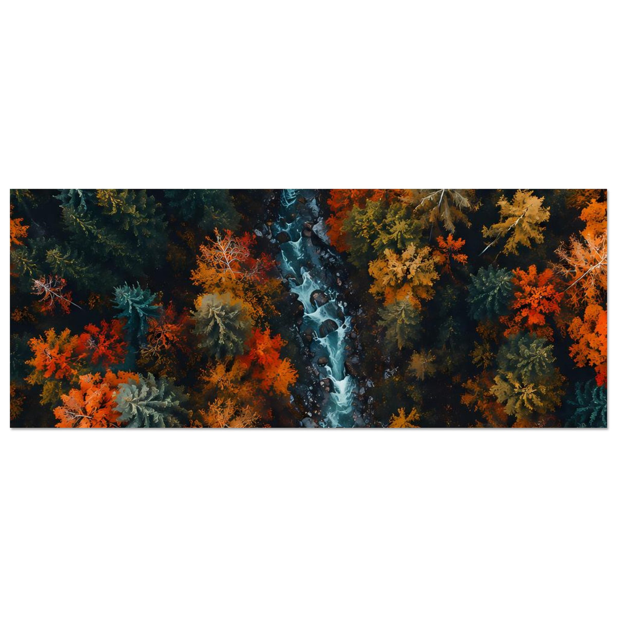 Horizontales Poster mit Herbstwald und Fluss, orange und grüne Baumkronen