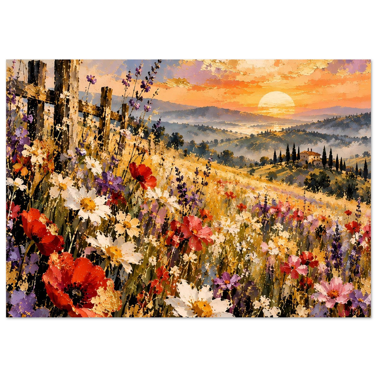 Querformat-Landschaftsposter mit Mohnblumen, Abendhimmel und Sonnenball