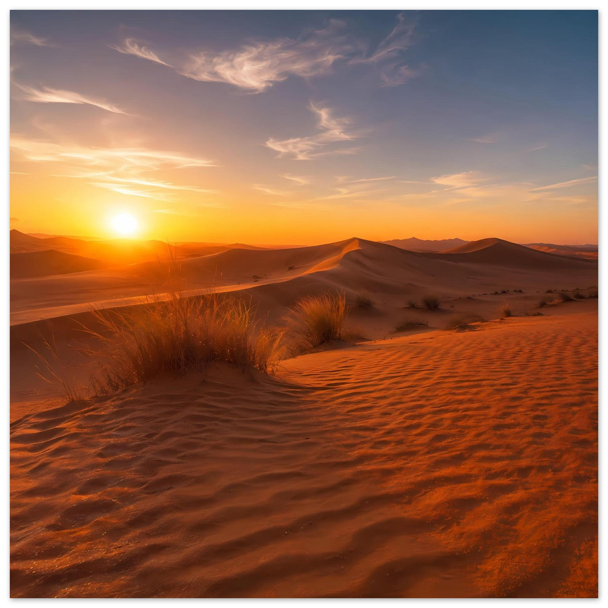 Poster mit Wüstenlandschaft: orangefarbener Sonnenuntergang über Sanddünen