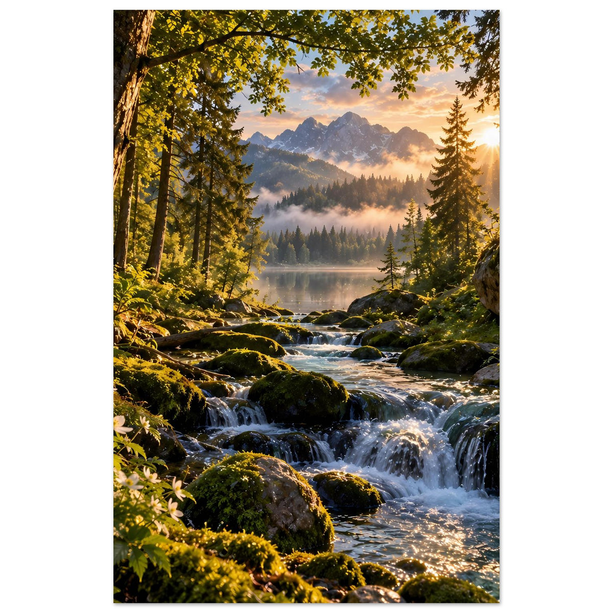Wasserfall-Poster im Hochformat: Bachausschnitt durch den Wald, Felsen, Tannen und Nebel