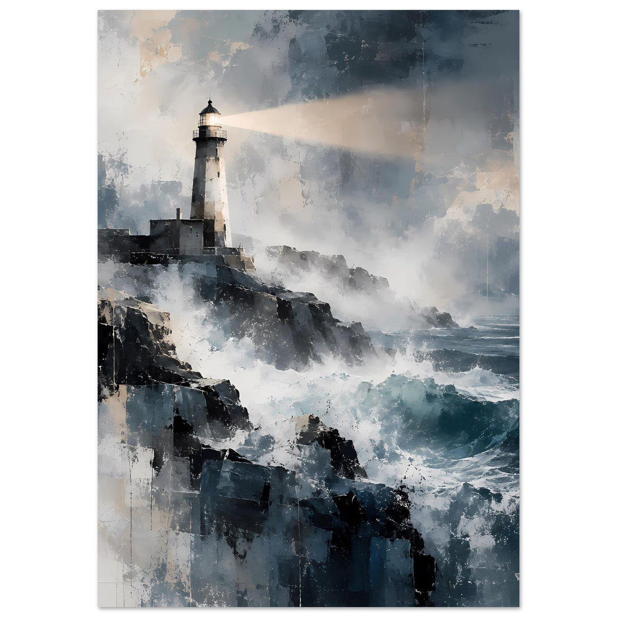Maritimes Poster mit Leuchtturm, brechenden Wellen und rauer Felswand in Blau