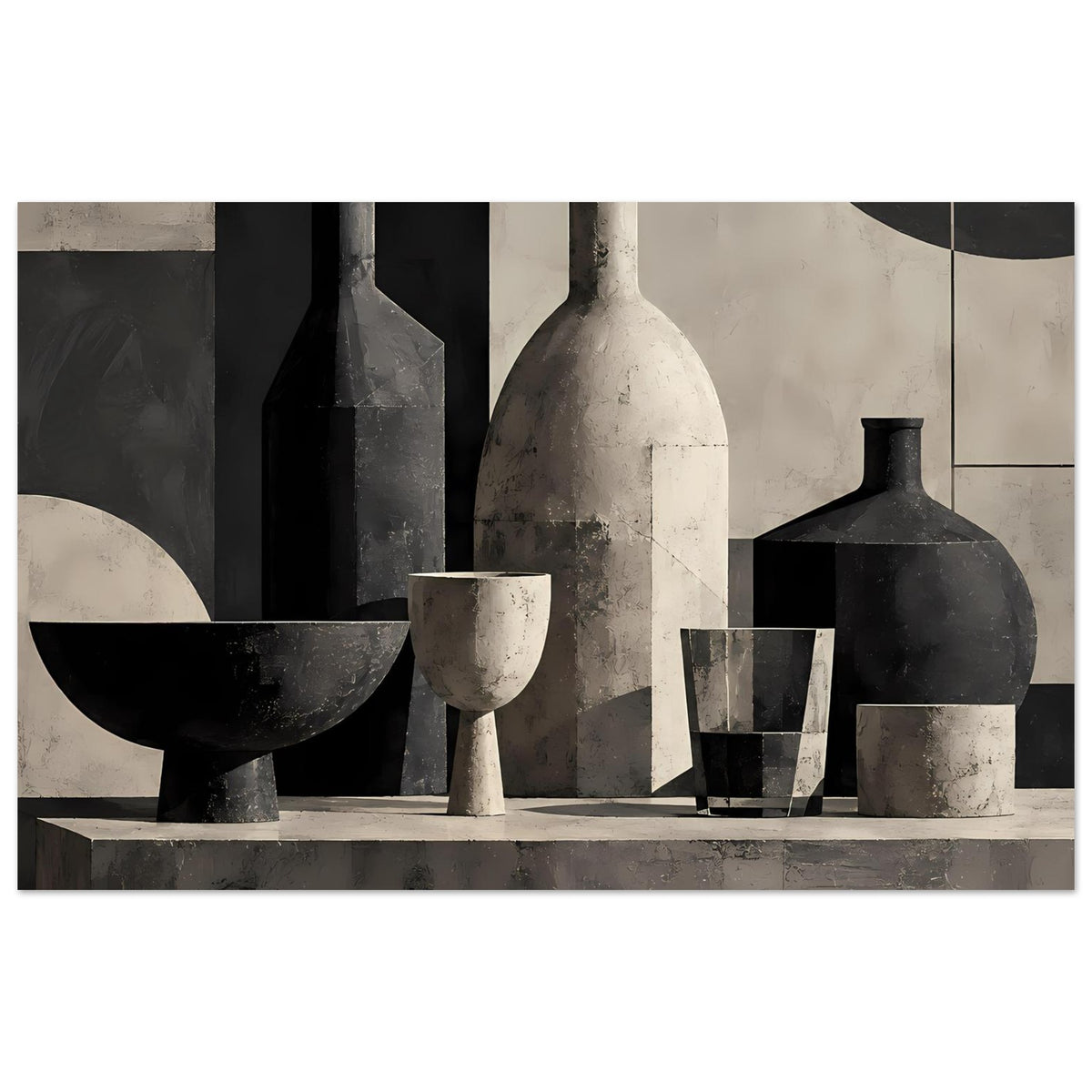 Poster mit monochromem Stillleben: Vase, Flasche und Gläser auf einer Steinleiste
