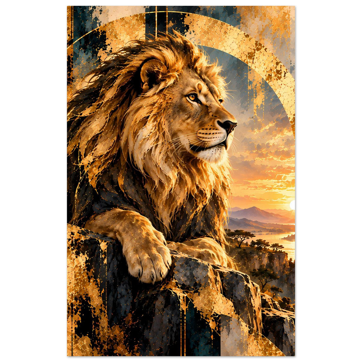 Löwenposter mit Nahansicht des Löwenkopfs, goldene Mähne und Felsrelief bei Sonnenuntergang