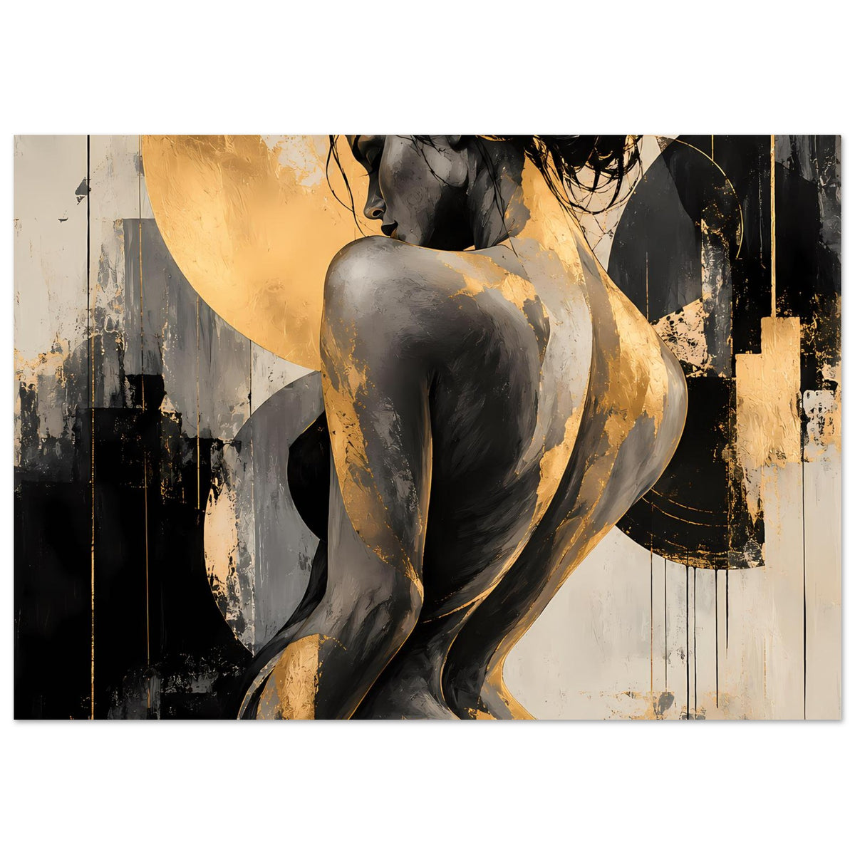 Horizontales Poster mit abstrakter Akt-Grafik in Gold, Schwarz und Grautönen