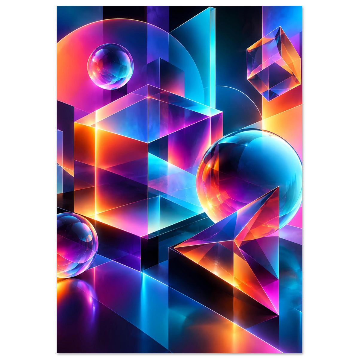 Neon-Geometrie-Poster im Hochformat: blaue und lila 3D-Blöcke, orange Lichtakzente, Kugeln