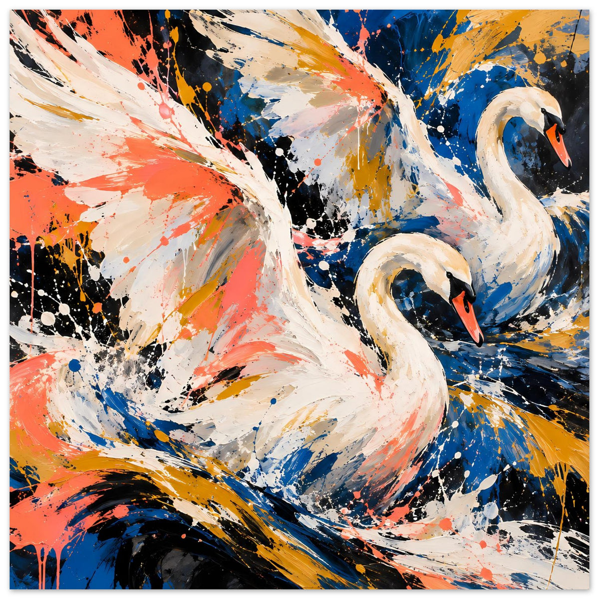 Kunstposter mit zwei weißen Schwänen, abstrakte Pinselstriche und Spritzer in Blau und Orange