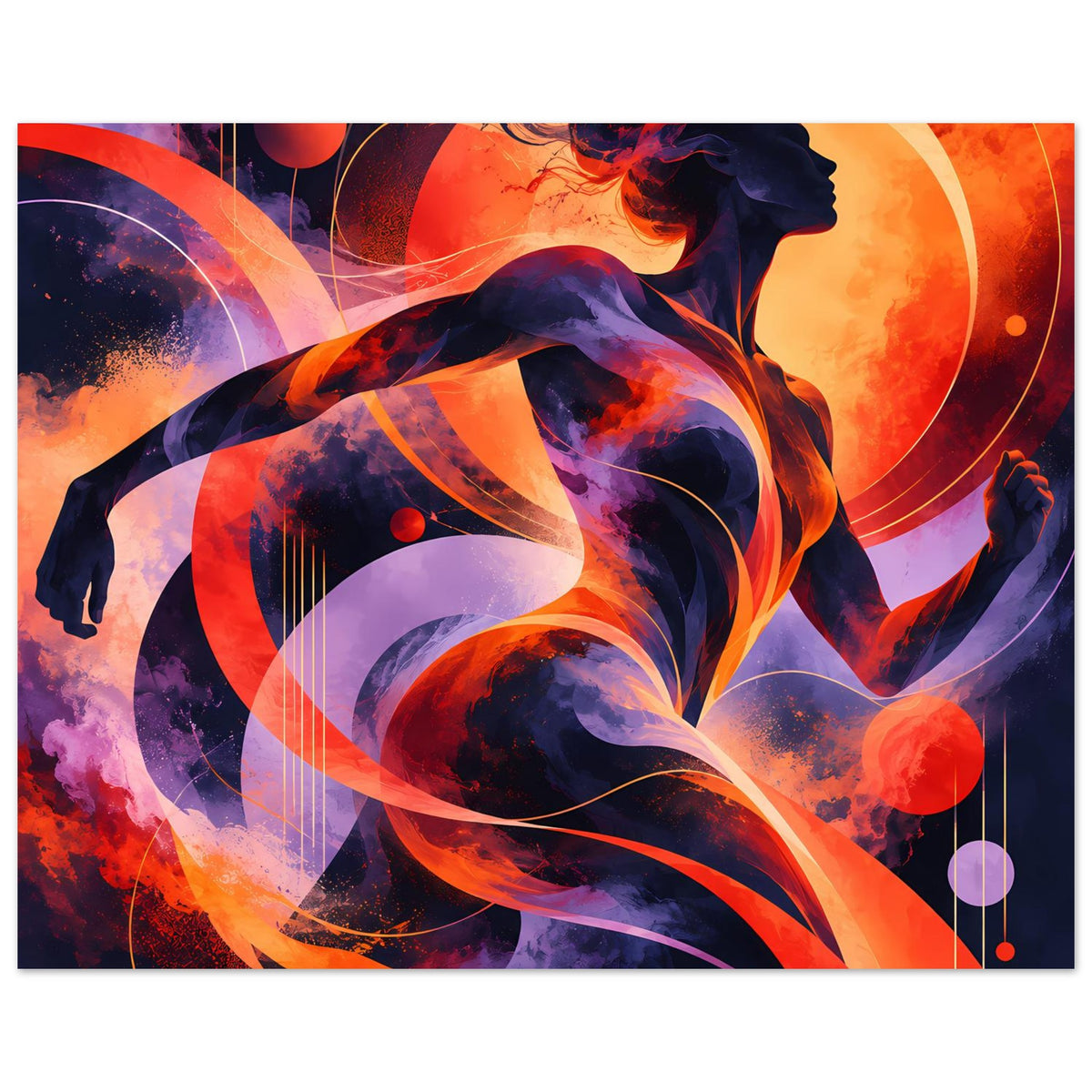 Poster im Querformat mit abstrakter Frauenfigur, orange-roter Hintergrund, blaue Violett-Details