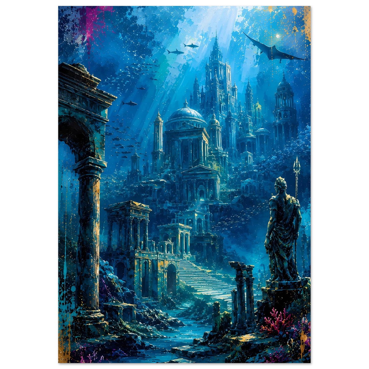 Poster mit Unterwasserstadt, Säulen links, Statue rechts und farbige Sprenkel