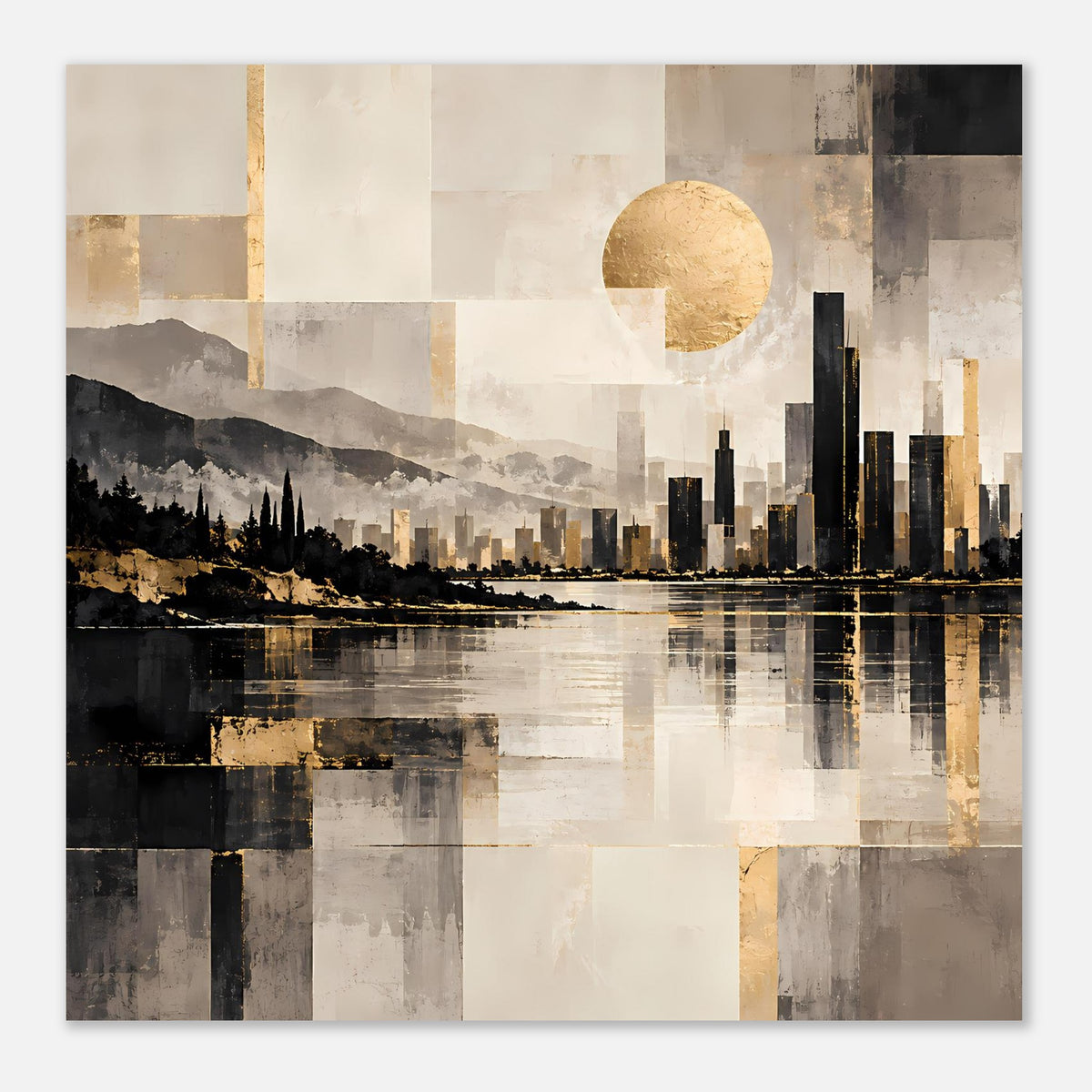Poster im Querformat mit abstrahierten Blöcken, goldenen Highlights, Skyline und Fluss