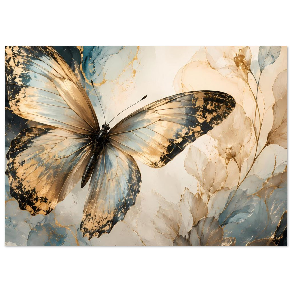 Schmetterlingskunst-Poster im Querformat: goldblauer Schmetterling über cremefarbenen Blüten
