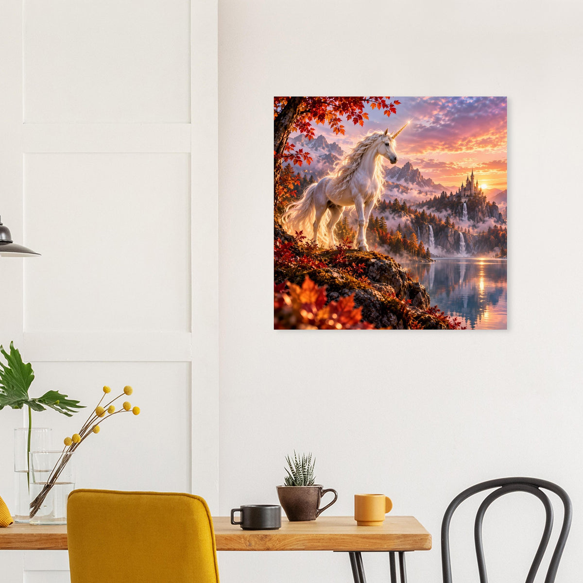 Quadratisches Einhorn-Fantasyposter mit goldenem Einhorn, See-Reflexion und Licht im Himmel