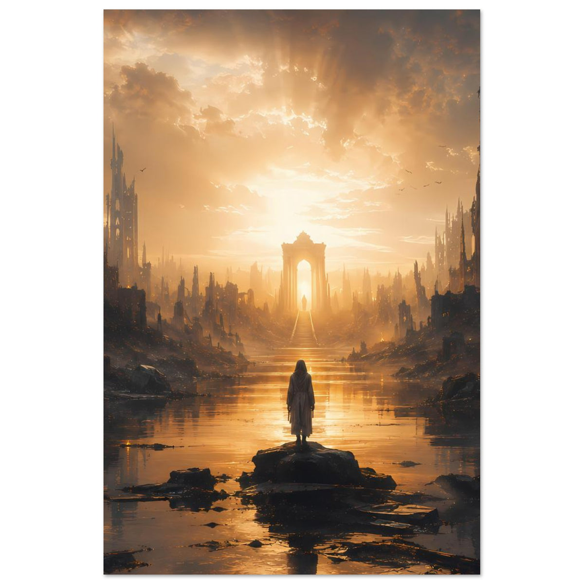 Vertikales Poster mit zerstörter Skyline, goldenem Licht über Fluss und einsamer Figur
