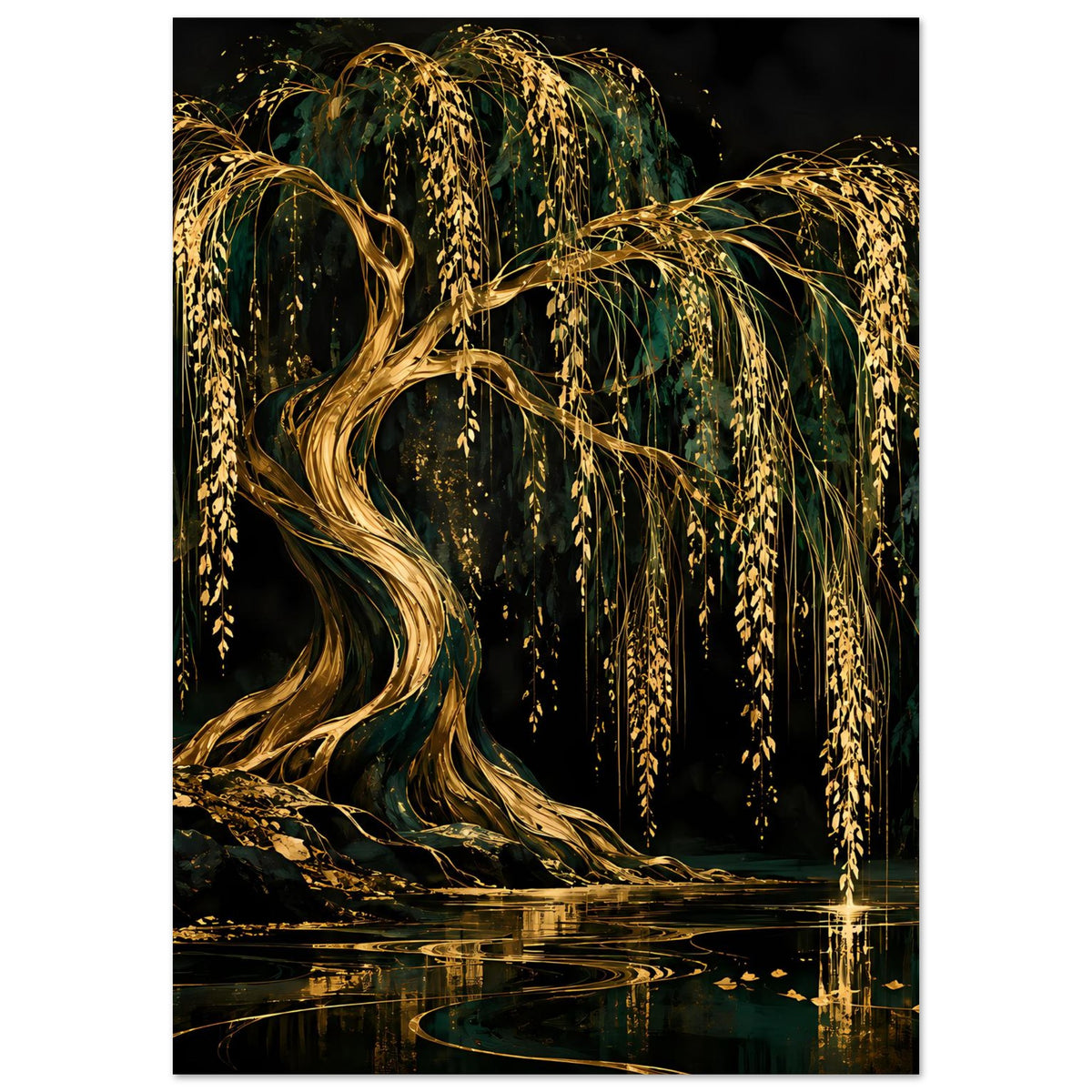 Wandposter mit goldenen Weidenzweigen, gewundenem Stamm und Spiegelung auf Wasser