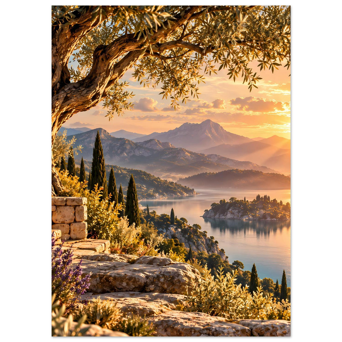 Vertikales Poster: Sonnenuntergang über See und Berge, Olivenblätter im Vordergrund