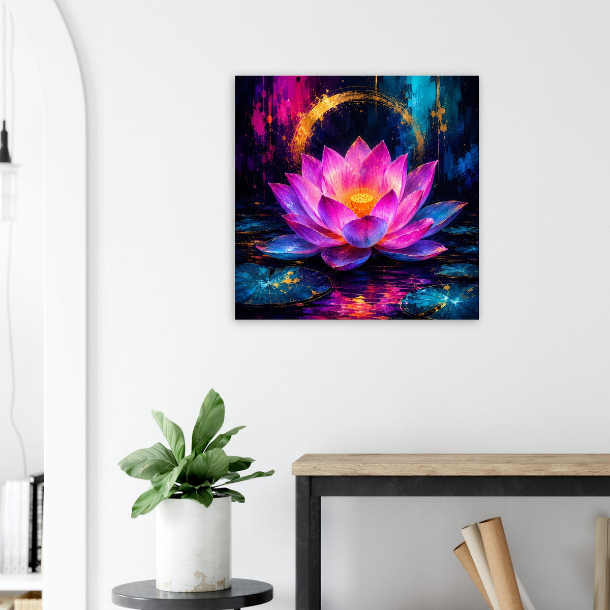 Quadratisches Blumenposter mit farbintensiver Lotusblüte in Pink/Violett und goldenen Lichtakzenten