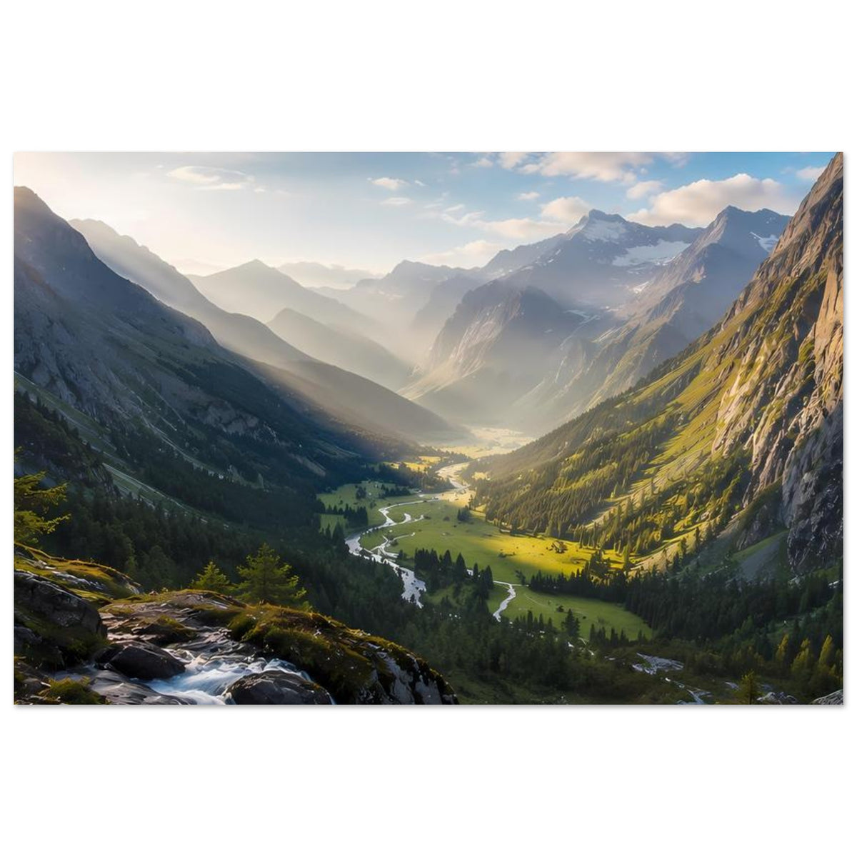 Poster im Querformat mit Bergtal, Bachtal im Vordergrund und goldenen Lichtstrahlen