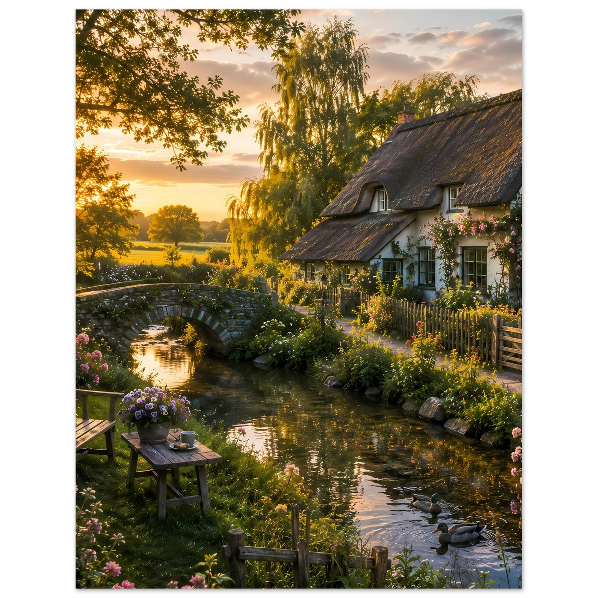 Landhaus-Poster mit warmem Sonnenlicht, Reetdachhaus, Kanal, Blumenbeeten und Enten