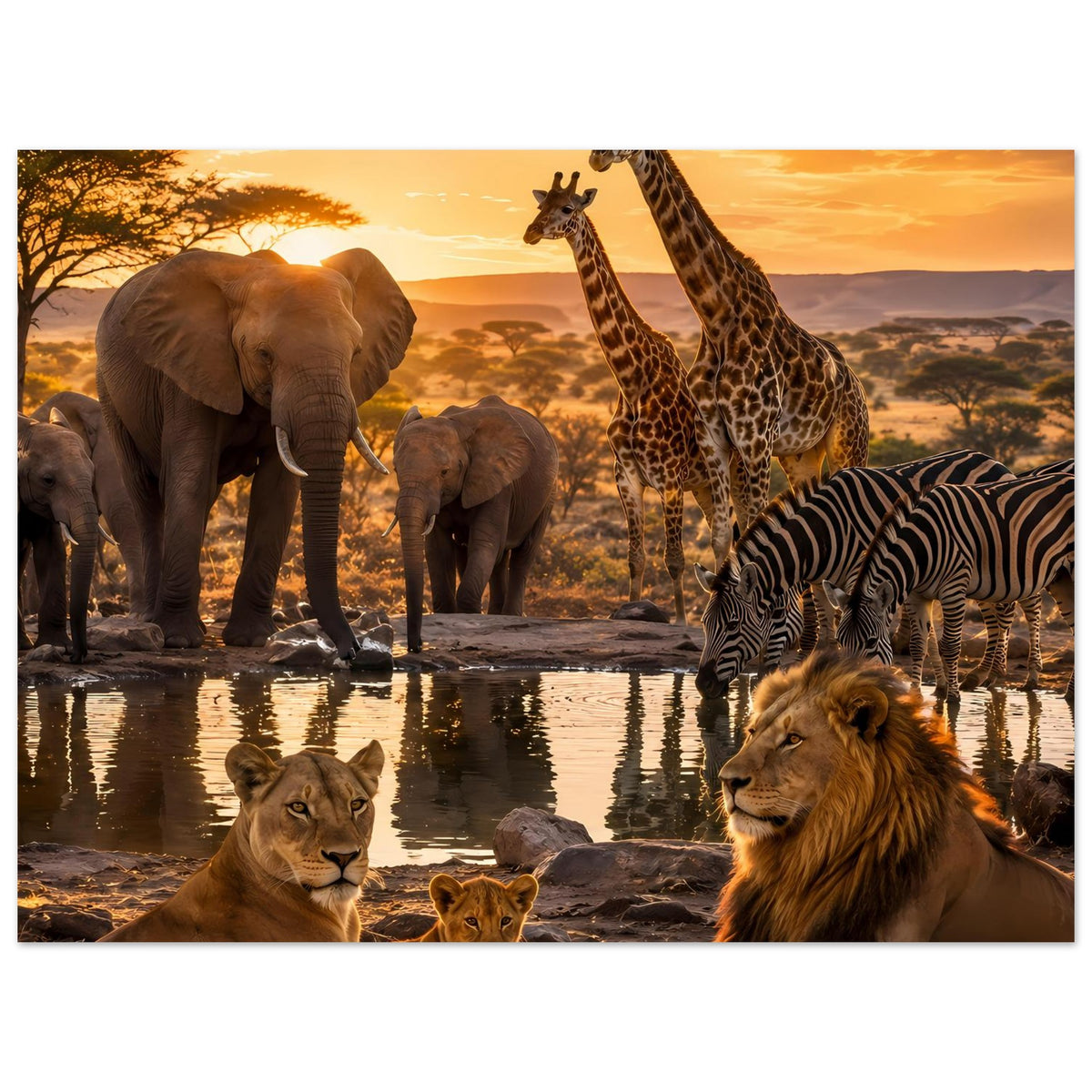 Poster im Querformat mit Elefanten, Giraffen, Zebra und Löwen an einer ruhigen Wasserstelle