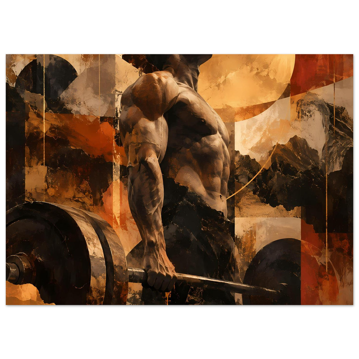 Fitness-Artposter querformat mit muskulösem Hund und Schwert, warm und dunkel