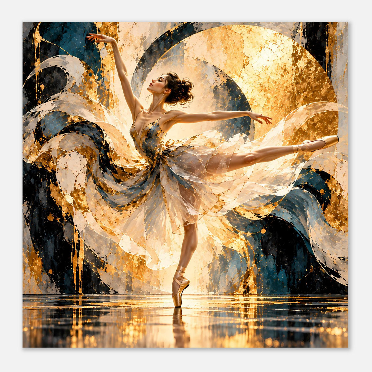 Horizontales Ballett-Poster: tanzende Ballerina, goldene Spritzer und blauer Schleier