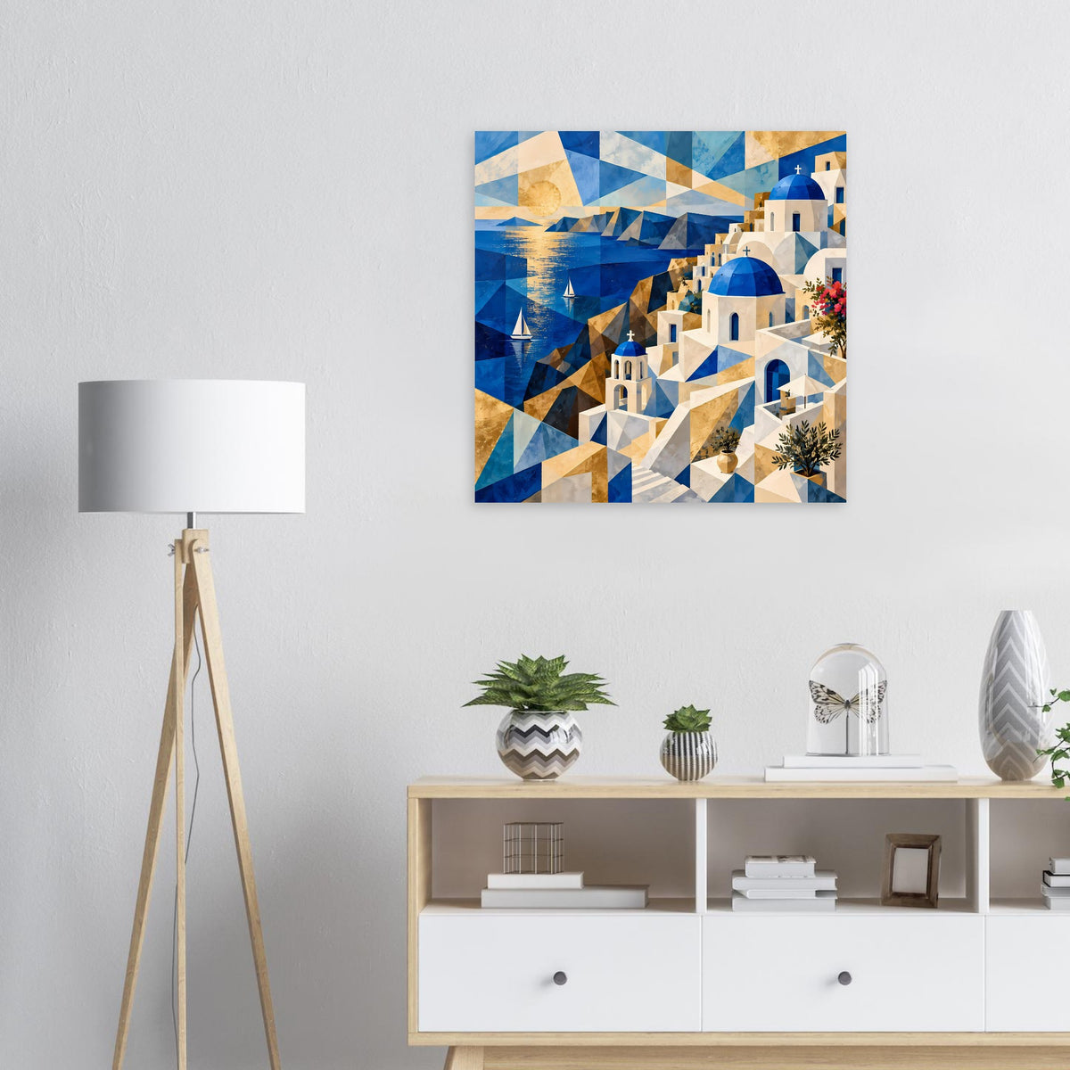 Geometrisches Poster: blaues Meer, goldene Dreiecke, weiße Häuser mit blauen Kuppeln