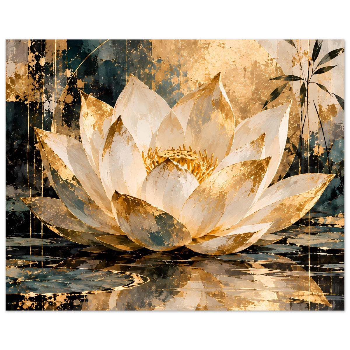 Poster mit Lotusblüte, cremefarbenen Blättern und goldenen Akzenten, mit Reflexion unten