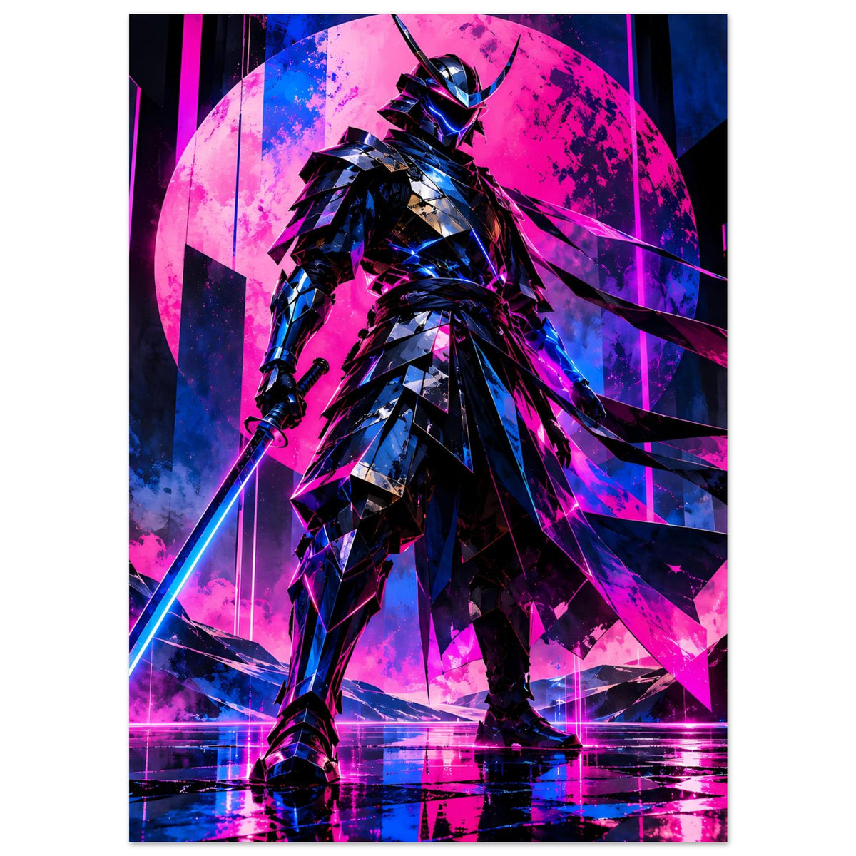 Neon-Samurai Poster: Cyberpunk-Kriegerfigur mit glänzender Rüstung, pinke und blaue Neon-Linien