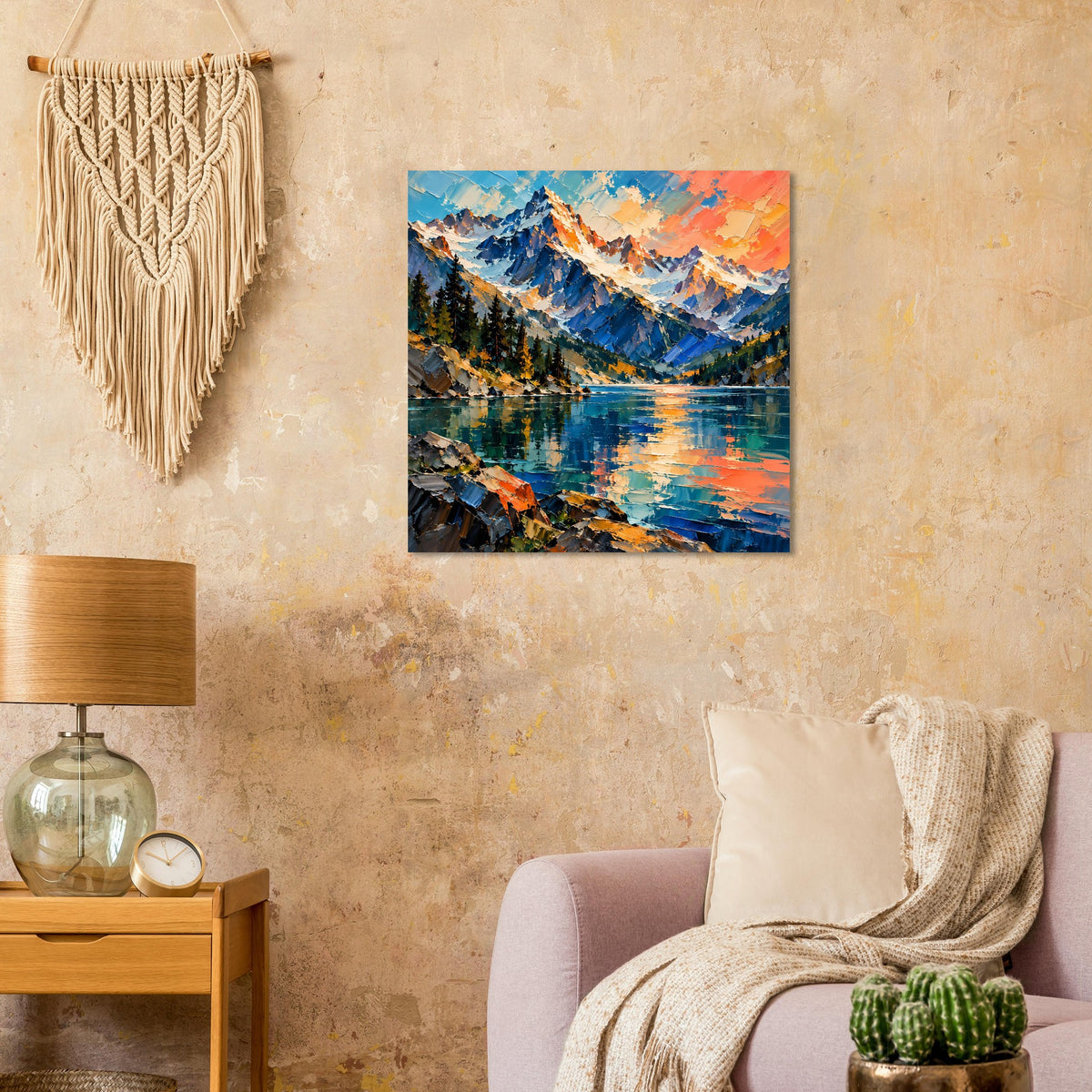 Quadratisches mattes Poster mit reflektierendem Bergsee und bunten Berggipfeln