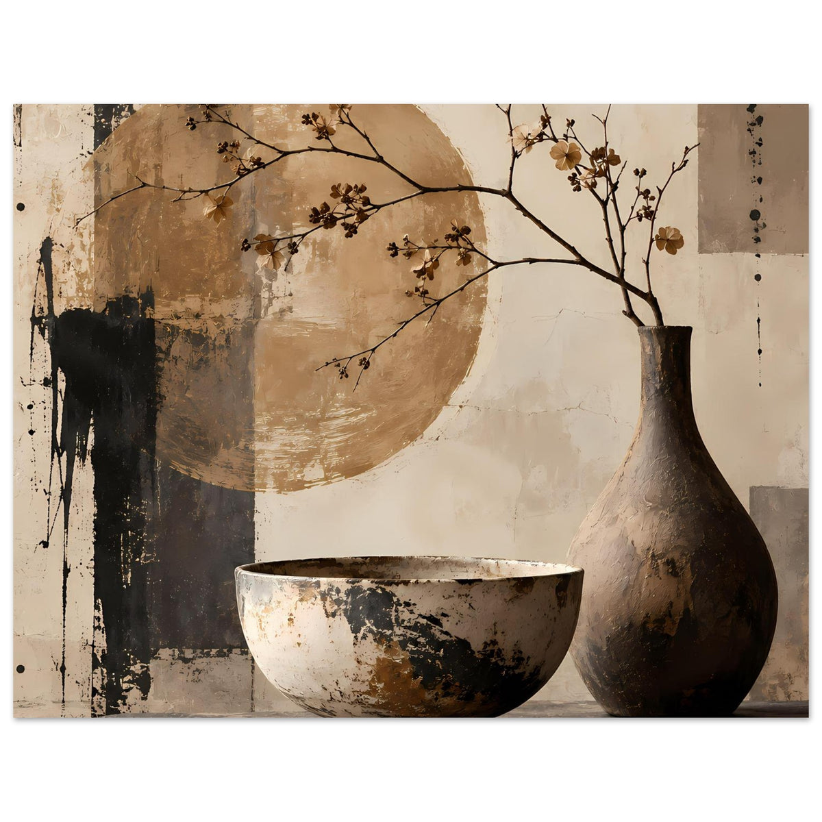 Stillleben-Poster mit Vase, Schale und Astzweigen in warmen Erdtönen
