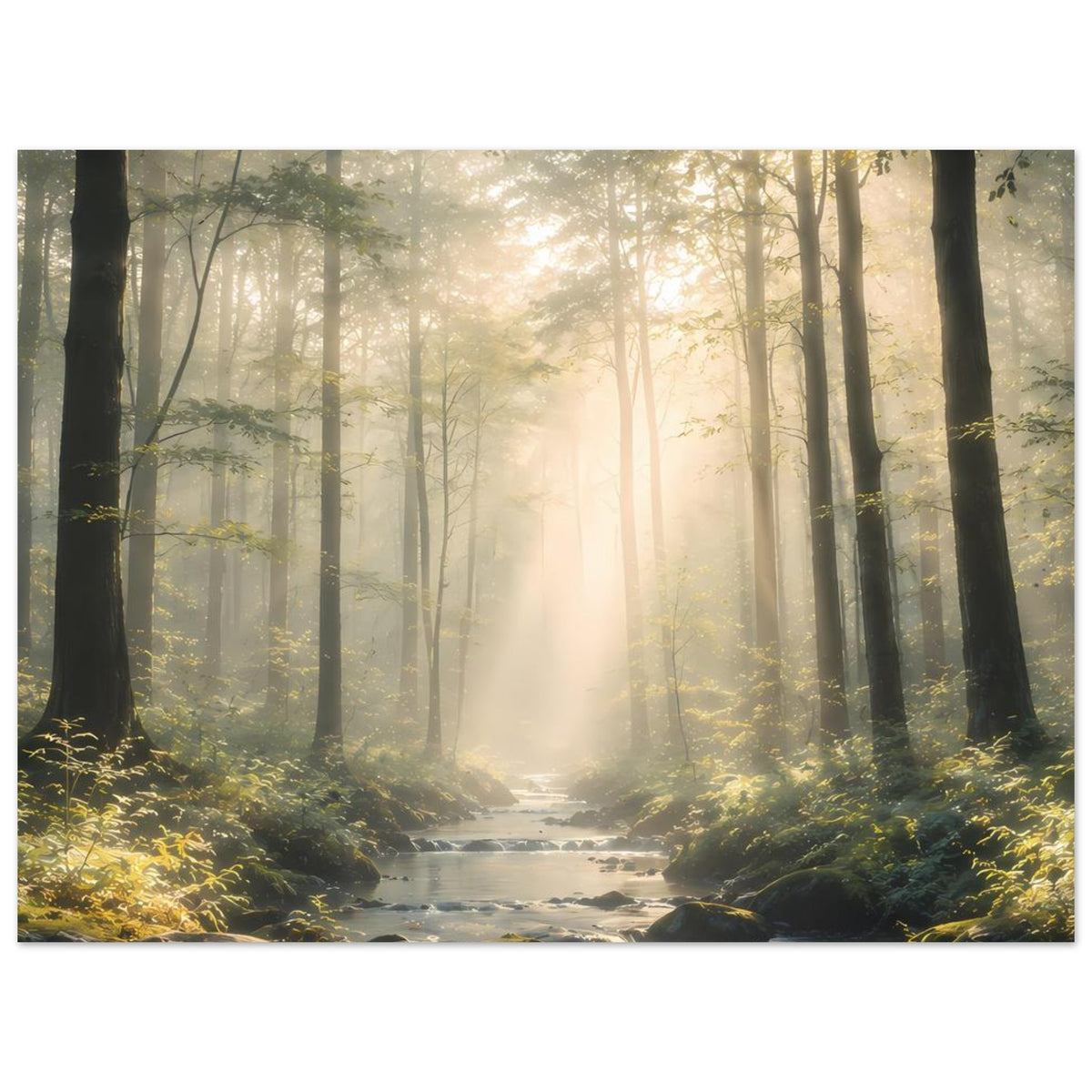 Naturposter im Querformat: Bach durch den Wald mit Sonnenstrahlen und Moos