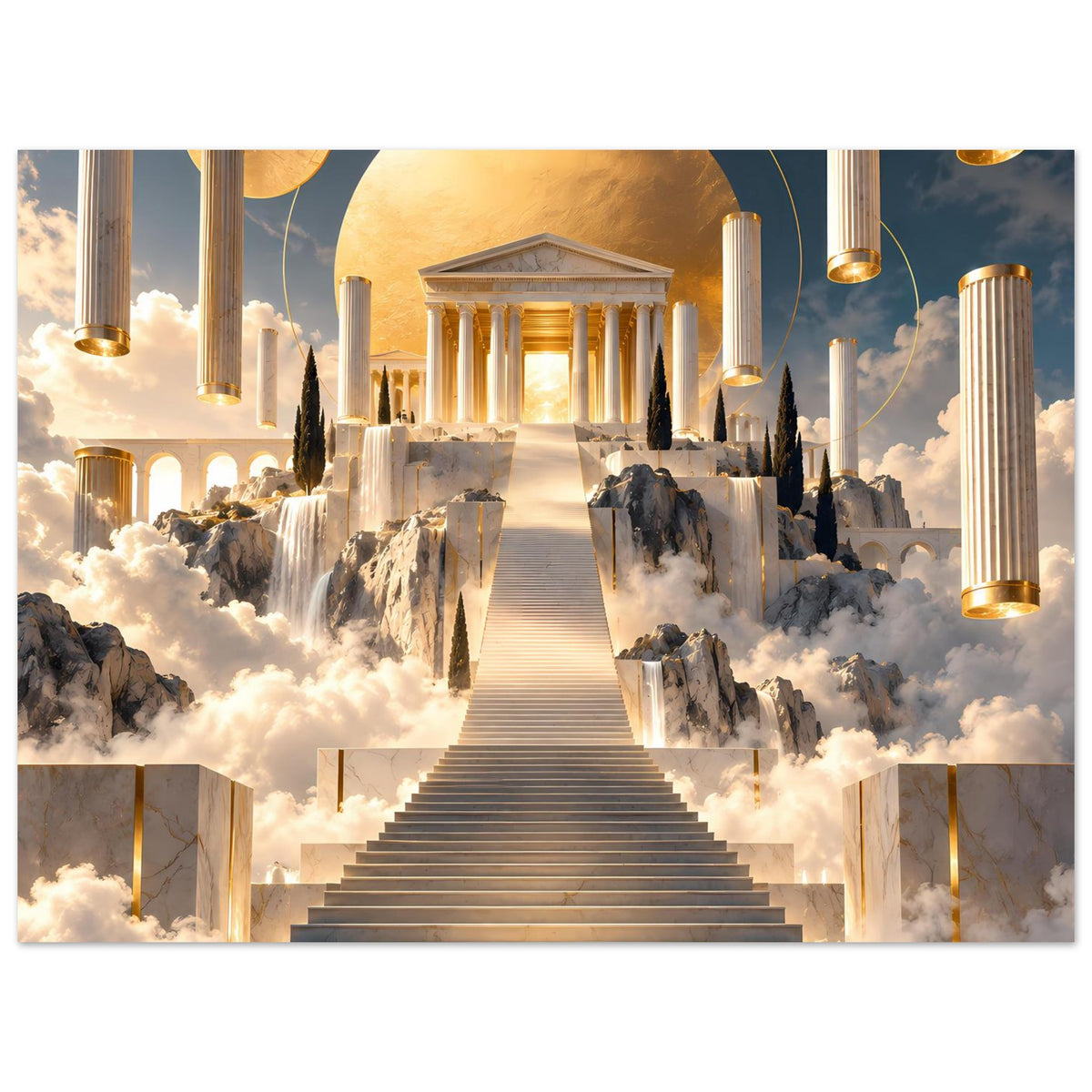 Kunstposter mit klassischem Tempelweg, goldenen Säulen und Wasserfällen über Wolken