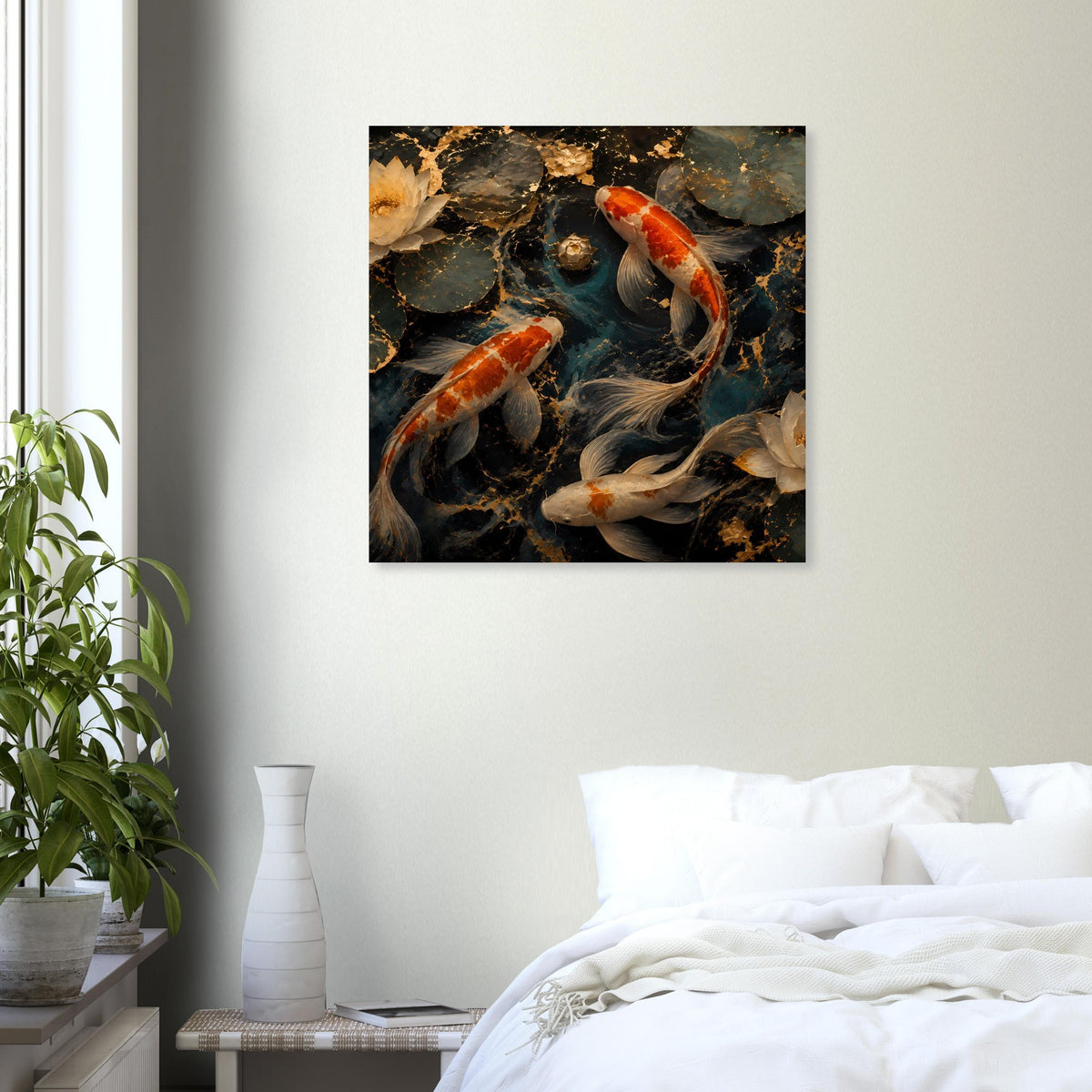 Quadratisches Koi-Teichkunstposter mit orange-weißen Koi-Fischen und Wasserreflexen