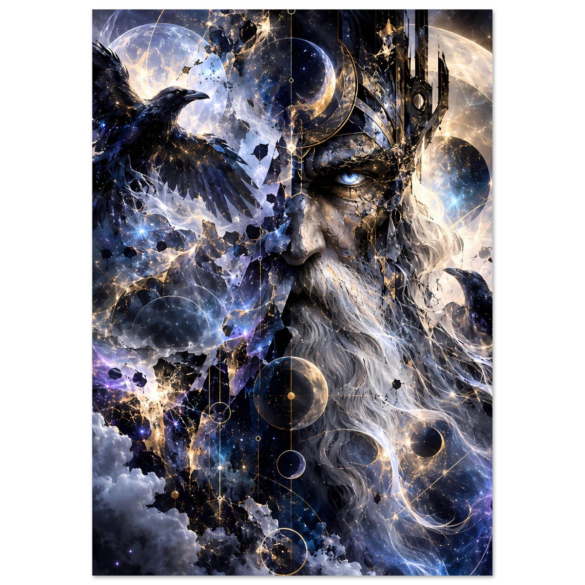 Fantasy-Poster: Königsporträt mit Rabe, Sternnebel und planetenartige Kreise