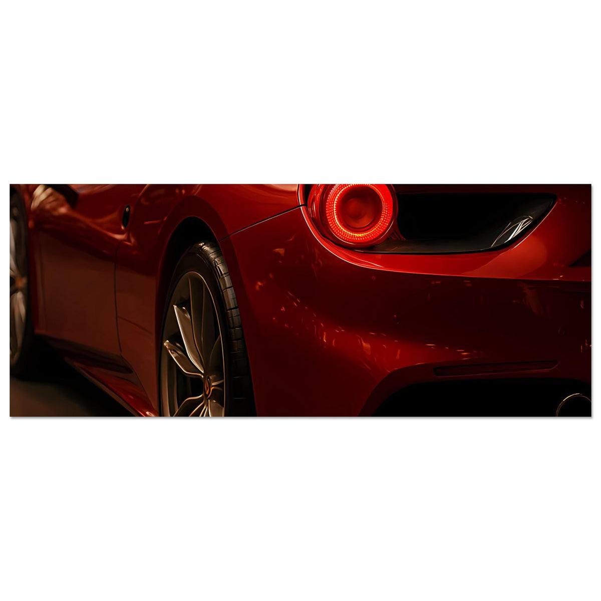 Automobilposter: roter Sportwagen, Nahaufnahme von Rücklicht und Rad (horizontal)