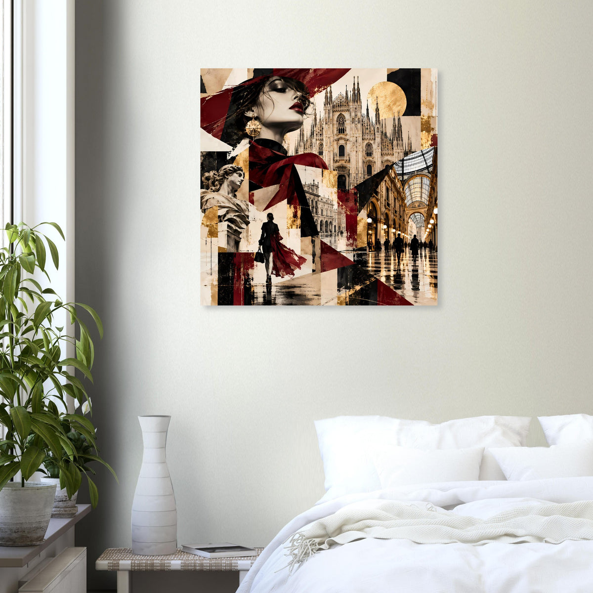 Kollage-Poster mit Frauensilhouette und geometrischen Flächen in Burgund und Gold