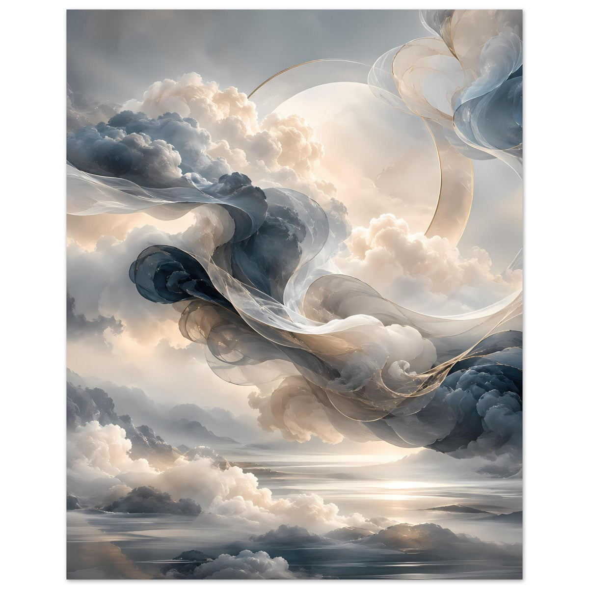 Abstraktes Himmelsposter mit weichen Wolkenhaufen, hellen Schleifen und dunkleren Blaugraus