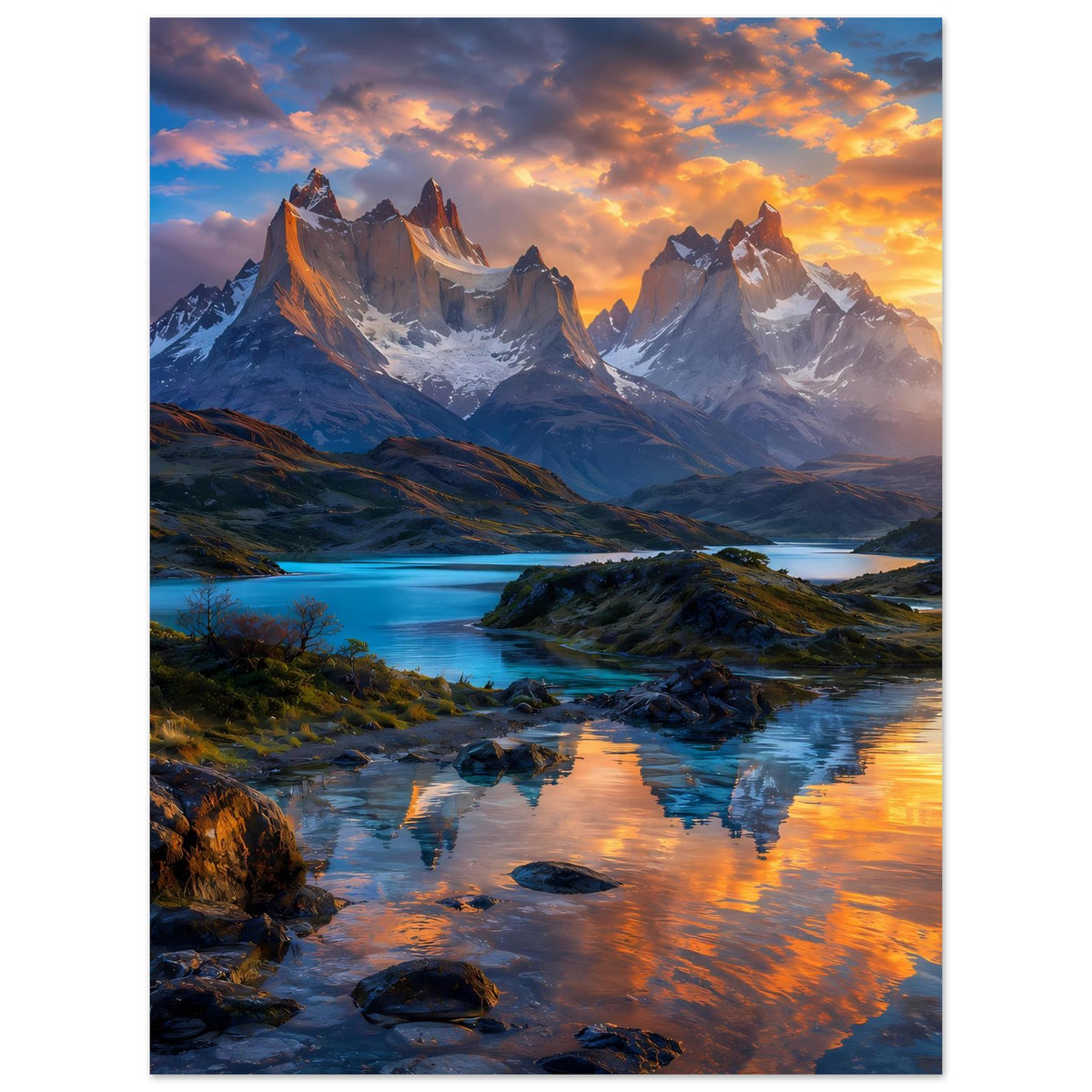 Landschaftsposter mit Bergpanorama, See und Sonnenuntergang am Flussufer