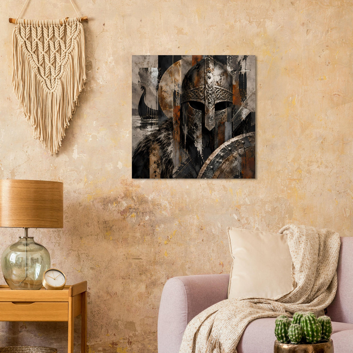 Wiking-Krieger-Poster mit Helm und Schild, schwarz-braune Felloptik, Quadratform