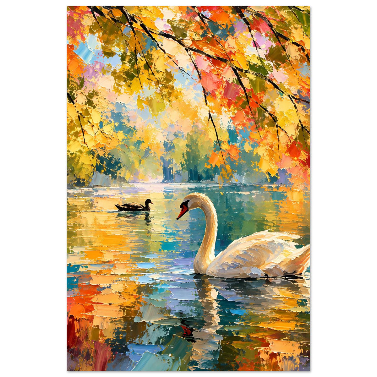 Hochformat-Poster mit großem Schwan, bunten Herbstblättern über dem Wasser