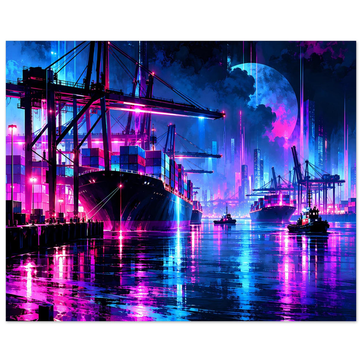 Poster Neon-Hafen-Nachtlandschaft mit Skyline, Hafenkränen, Containerschiff und leuchtenden Reflexen