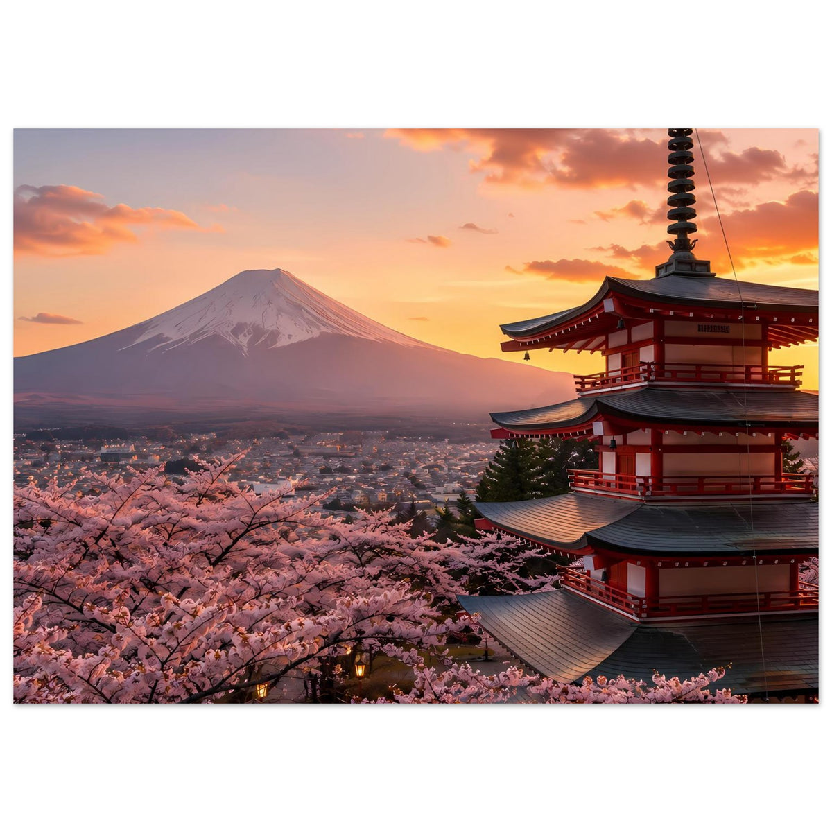 Japanisches Kunstposter mit Berg Fuji, Kirschblüten und roter Pagode rechts, warmes Abendlicht