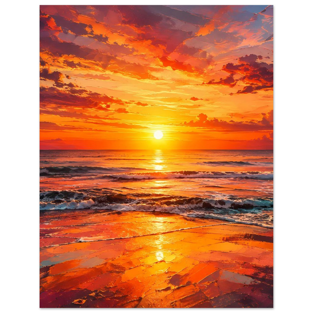 Poster im Hochformat mit Sonnenuntergang über dem Meer, Wellenkamm und glänzendem Ufersand
