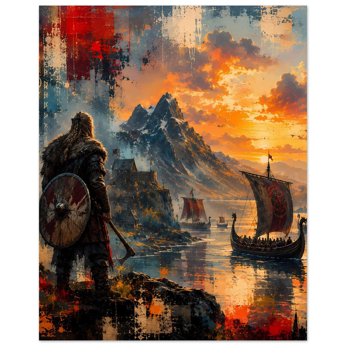 Viking-Saga-Poster: Wikingerkrieger mit Schild, mächtige Berge und orangefarbener Sonnenuntergang