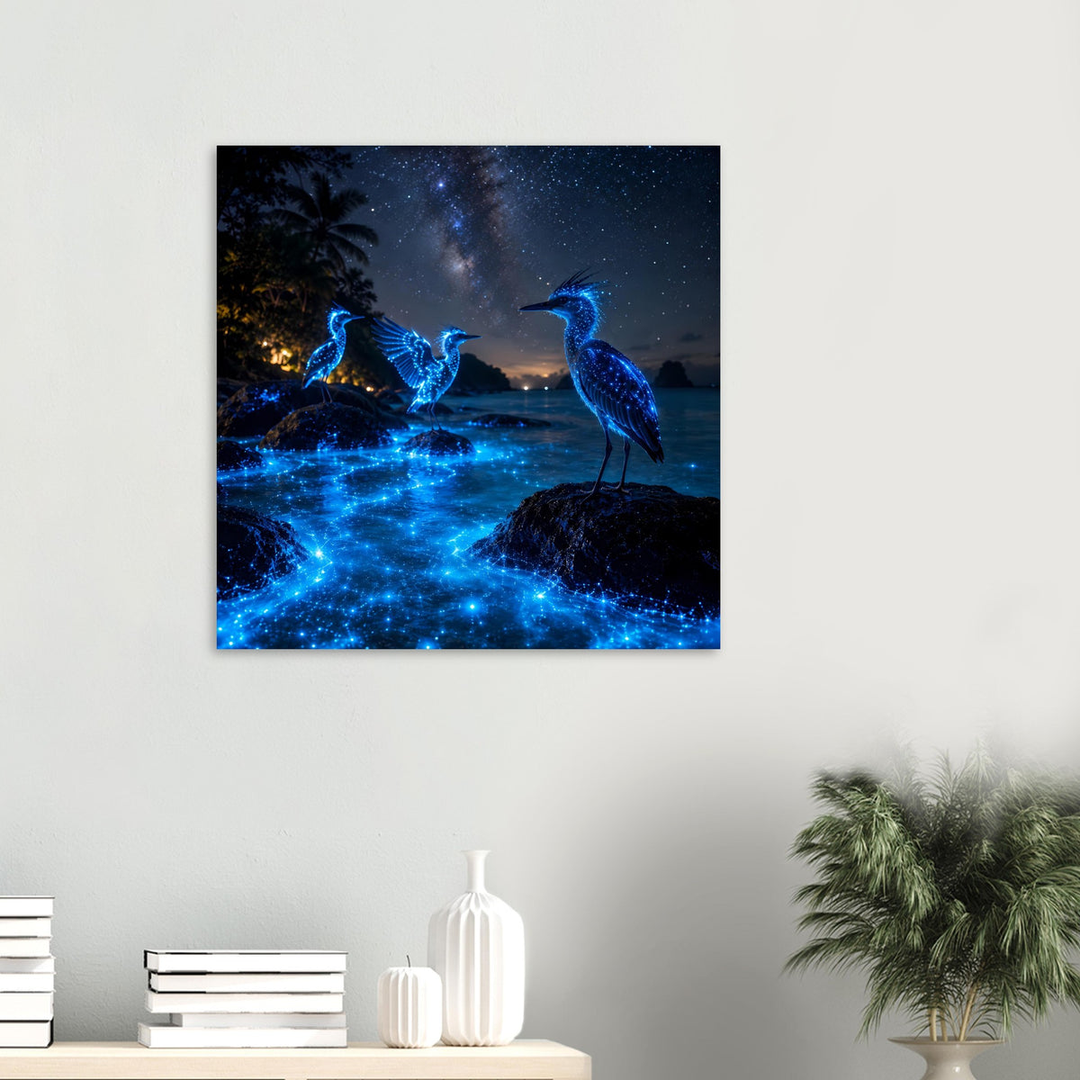 Quadratisches Poster mit leuchtenden blauen Nachtvögeln am Wasser und sternigem Nachthimmel